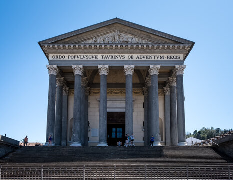 View of the Neoclassic-style Church of the Gran Madre di Dio (Great Mother of God), dedicated to Mary, on the western bank of the Po River, facing the Ponte Vittorio Emanuele I, Turin, Piedmont, Italy