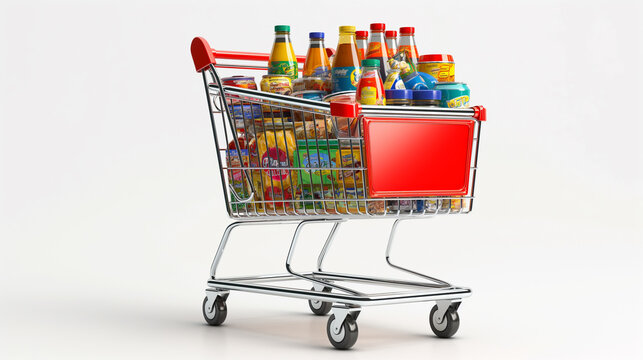 Side view of a cart full of groceries, juice bottles and vegetables isolated on white background