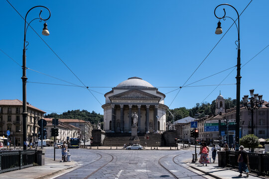 View of the Neoclassic-style Church of the Gran Madre di Dio (Great Mother of God), dedicated to Mary, on the western bank of the Po River, facing the Ponte Vittorio Emanuele I, Turin, Piedmont, Italy
