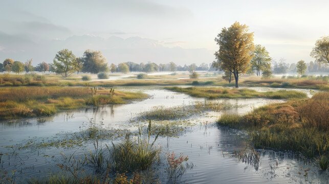 A digital illustration showing a floodplain being rejuvenated to reduce flood hazards.