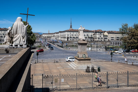 View of the city center from the Church of the Gran Madre di Dio (Great Mother of God), Turin, Piedmont, Italy