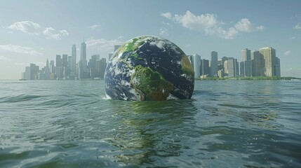 A digital graphic of a globe with rising sea levels, showing affected coastlines and cities. - obrazy, fototapety, plakaty