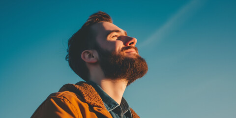 Bearded man in a winter jacket basking in sunlight with a clear blue sky, exuding optimism and freedom