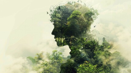 A digital graphic of a human silhouette filled with nature scenes, showing the intrinsic connection between humans and the environment.
