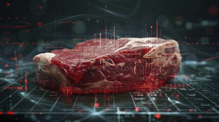 A meat cut's carbon footprint value displayed in a digital graphic highlights the environmental impact of meat consumption.