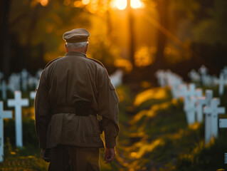 war veteran reflecting at a military cemetery, standing among rows of white crosses and paying...
