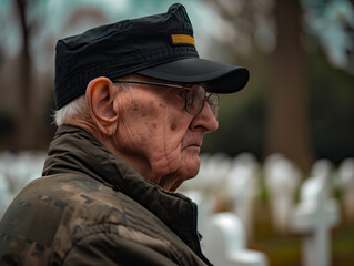 war veteran reflecting at a military cemetery, standing among rows of white crosses and paying...