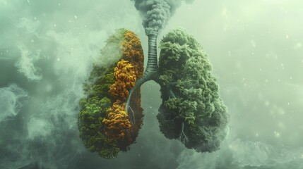 A digital image displays lungs with trees and smog, revealing health effects of carbon emissions.
