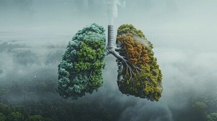 A digital illustration depicts lungs with trees and smog, revealing how carbon emissions affect health. - obrazy, fototapety, plakaty