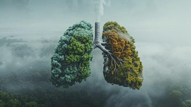 A digital illustration depicts lungs with trees and smog, revealing how carbon emissions affect health.