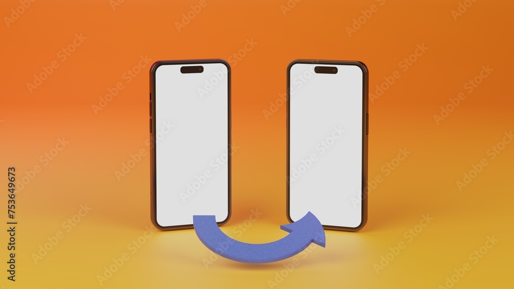 Fototapete realistic smartphone mockups with arrow isolated on yellow orange gradient background. screens of mo