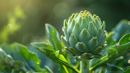 Fototapeta premium Cynara Artichoke in the greenhouse, growing plant concept, green background