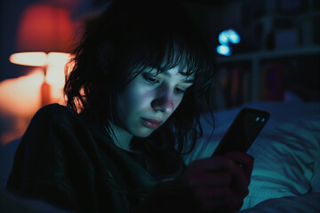 the solitary experience of social media addiction, with a person illuminated by the glow of their smartphone in a darkened room.