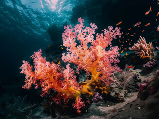 Fototapeta na wymiar underwater images showcasing the fragile beauty of deep sea corals and sponges, illustrating their importance as critical habitats and biodiversity hotspots in the ocean.