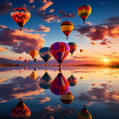 Colorful hot air balloons at sunrise.
