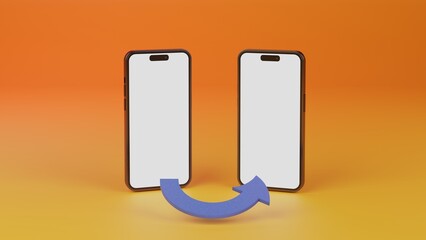 Realistic smartphone mockups with arrow isolated on yellow orange gradient background. Screens of mobile phone on colourful backdrop with copy space for your design, 3D rendering