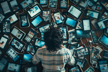 a person surrounded by multiple digital devices, scrolling endlessly through social media feeds with a glazed expression - obrazy, fototapety, plakaty