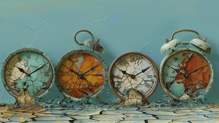 A digital graphic of a series of clocks with different times around the world showing various climate change impacts.
