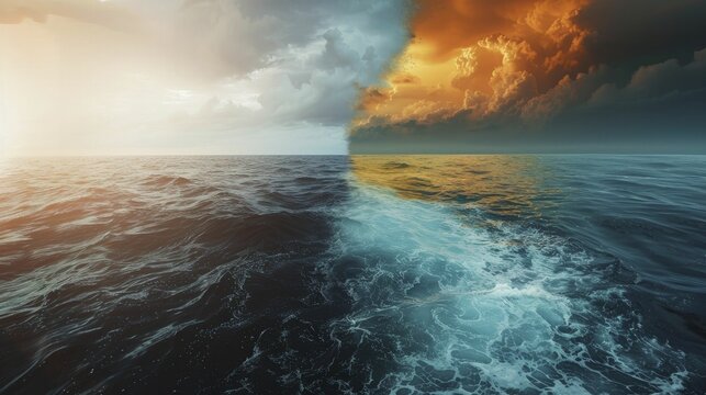 A digital graphic depicting a stark contrast between a healthy, vibrant ocean and a dead zone caused by pollution.