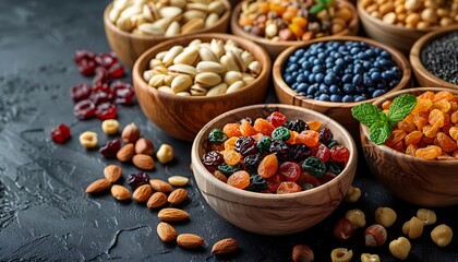 various kinds of Arabic nuts in a wooden bowl.