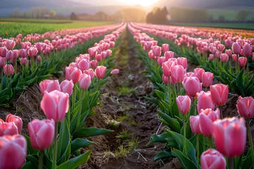 Fotobehang Pink tulip field during spring on the sunset © Iryna