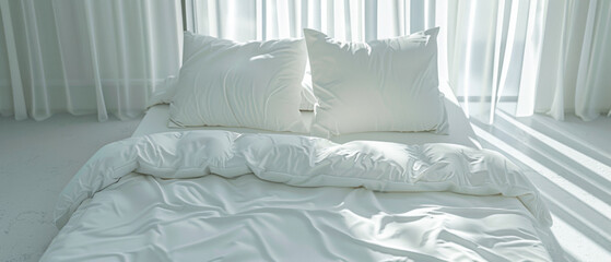 A bed with white sheets bathed in soft morning light invites a feeling of calm.