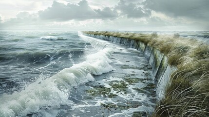 A digital graphic of coastal barriers designed to protect against rising sea levels and storm surges.