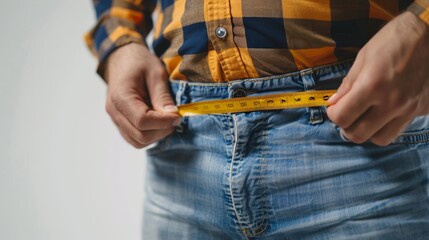 a fat man is using Waist measuring tape to measure his waist, overweight concept