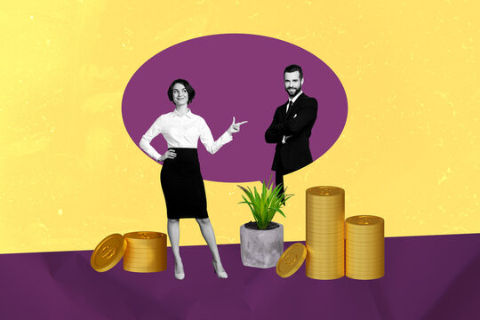 Trend artwork sketch image 3D photo collage of businesswoman show gesture direction to young guy in mind cloud money coins plant near
