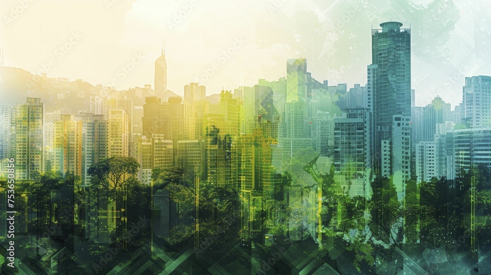 Poster A digital graphic of a vibrant cityscape displaying contrasting green spaces to underscore the human impact on nature.