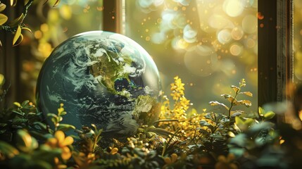 A digital illustration portrays Earth in a greenhouse, with plants wilting from the heat, representing the impact of greenhouse effect.