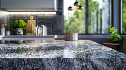 A granite kitchen with a countertop that has a reflection of a sink, New modern kitchen