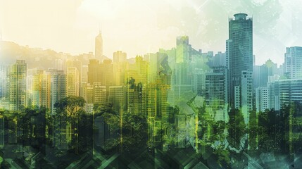 A digital graphic of a vibrant cityscape displaying contrasting green spaces to underscore the human impact on nature. - obrazy, fototapety, plakaty