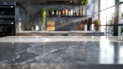 A granite kitchen with a countertop that has a reflection of a sink, New modern kitchen - obrazy, fototapety, plakaty