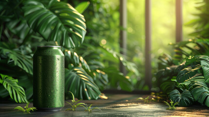 Obraz na płótnie Canvas Eco-Friendly Aluminum Can with Dew in Jungle Scene 