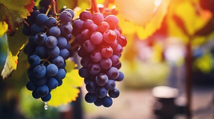 Close up of ripe grapes hanging on vineyard branch with beautiful blurred vineyard background