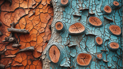 The image shows the texture of the tree's bark with distinct orange and blue hues. The structure of the bark is decorated with patterns created by cracks and imprints from cut branches - obrazy, fototapety, plakaty