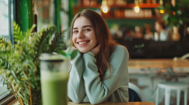 Girl enjoying a fresh smoothie at a vibrant health bar.
