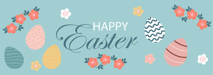 Happy Easter banner. Trendy and bright Easter design with border frame made of eggs, easter bunny and spring flowers in pastel colors. Modern art style. Horizontal poster, greeting card, web header