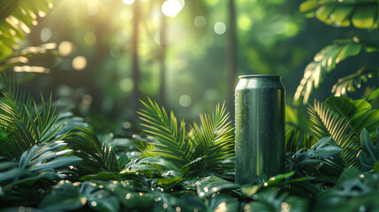 Refreshing Aluminum Can Display in Tropical Forest
