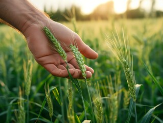 A close-up of a person's hand gently holding wheat ears in a field during golden hour.
