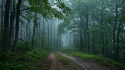 Fototapeta premium Misty Spring Forest with Lush Green Foliage