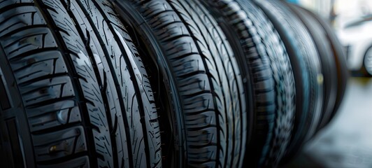 Fototapeta premium Car tires on a black background. auto repair shop. generative ai