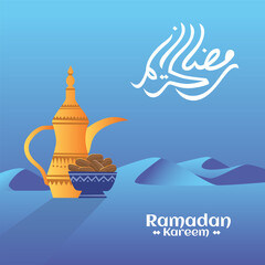 Ramadan islamic greeting card editable vector background on the desert with arabic teapot, bowl full of dates fruit, arabic calligraphy text translation: "Ramadan Kareem means Generous Ramadan"