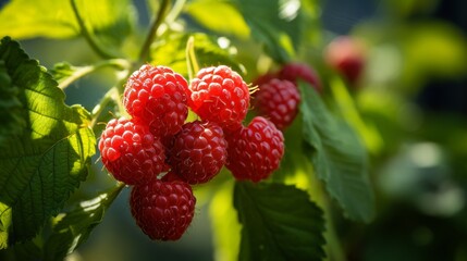 Ripe raspberries on branch in garden, bright sunlight, free copy space for text or design