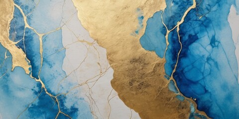 Watercolor background drawn by brush. Blue paints spilled on paper. Golden shiny veins and cracked marble texture. Elegant luxury