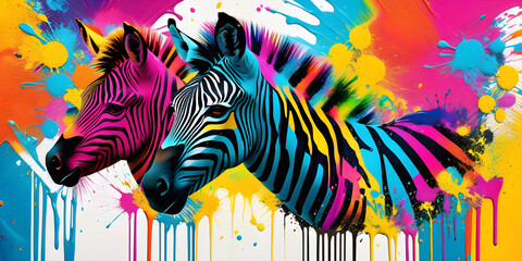 Fototapeta na wymiar Colorful abstract zebra art vibrant against splattered paint background