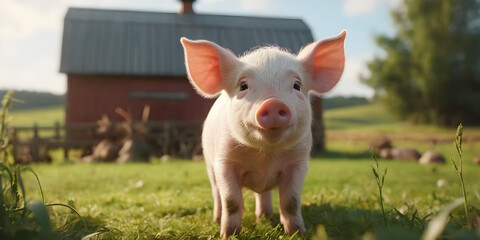 A Cartoon Piglet in a Cute Farming Scene.Small Piggy