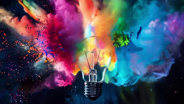 Light bulb explodes with colorful powder on a black background 