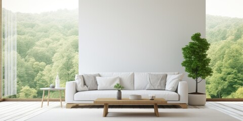 Minimalist furnishings in a bright living room with white walls and a view of a green forest.